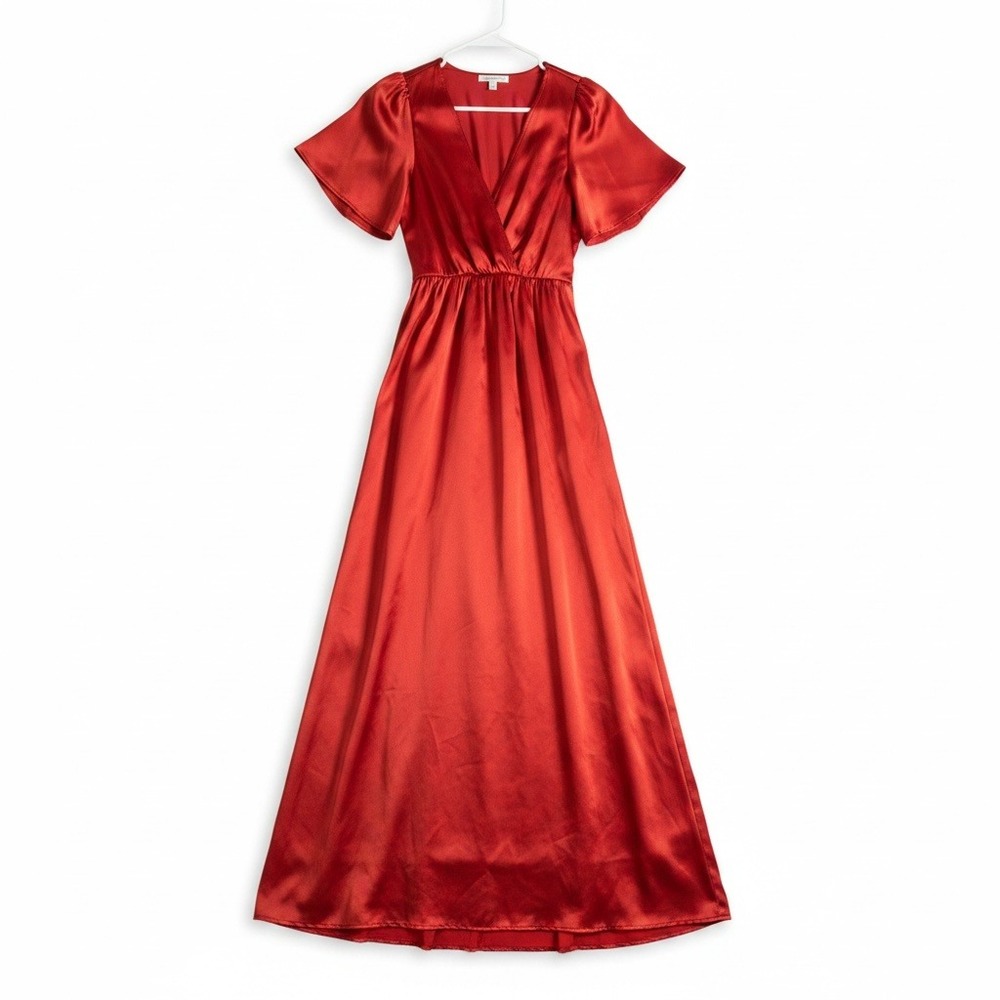 Baltic Born Sicily Satin Maxi Dress Rust Size S Puff Sleeve Missing Sash
